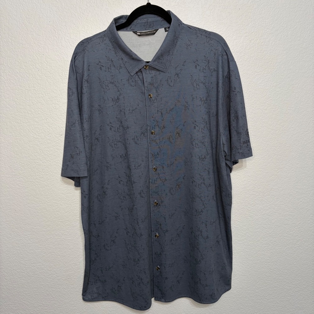 TravisMathew Mens XXL Short Sleeve Button Up Shirt Blue Grey Park MGM LogoFloral - Picture 2 of 7